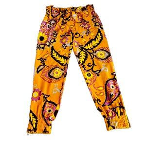 GUCCI gold, purple & brown floral fancy silk joggers, Small, excellent